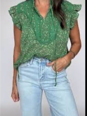 Olivaceous Emerald Green Floral Tie-Neck Ruffle Sleeve Blouse